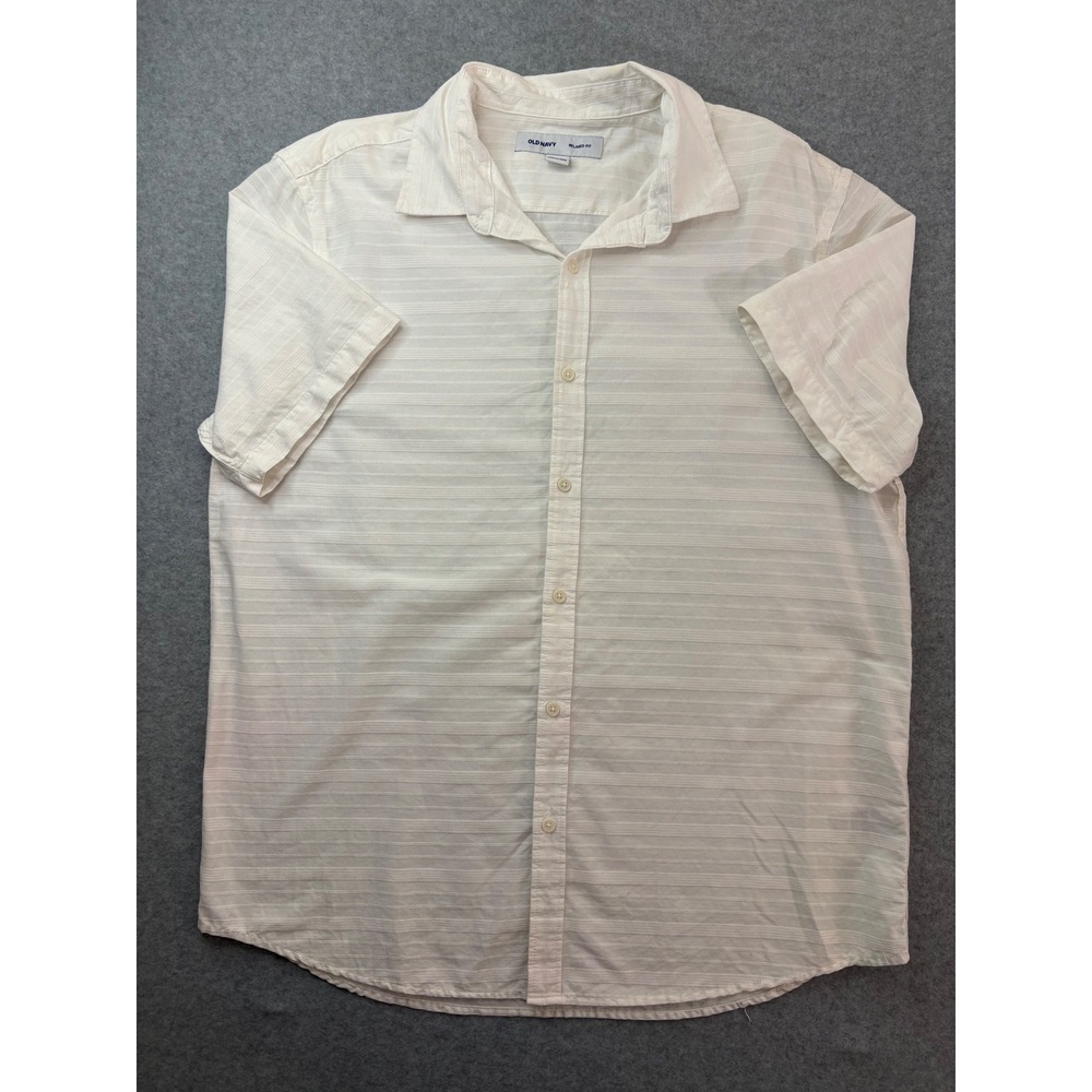 Old Navy Mens Relaxed Fit Short Sleeve Button Down Shirt White Textured Cotton L